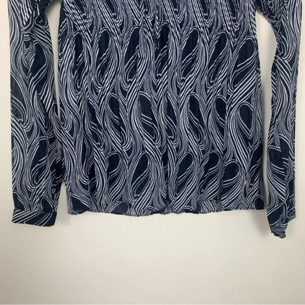 Michael Kors Long Sleeve Navy Wave Print Blouse - Picture 3 of 9